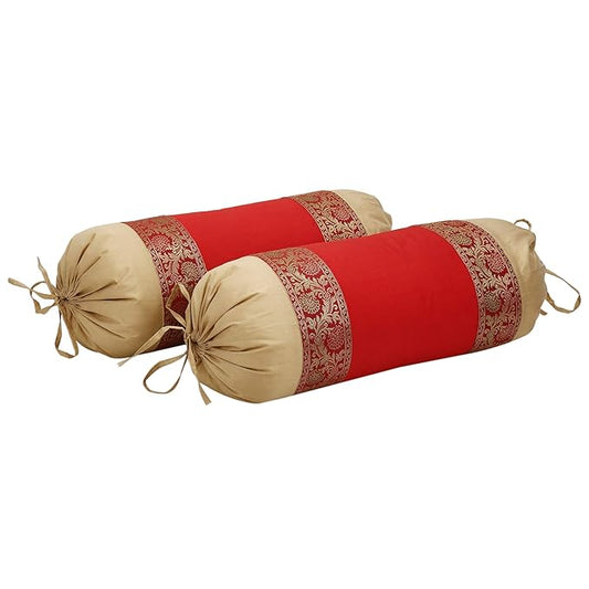 DECOWAT Red Bolster Pillow Cushion Covers Set of 2 Round Cushion Covers 16"x32" Set of 2 Bolster Covers Pack of 2 Silk Masand Covers for Sofa (Covers Only)