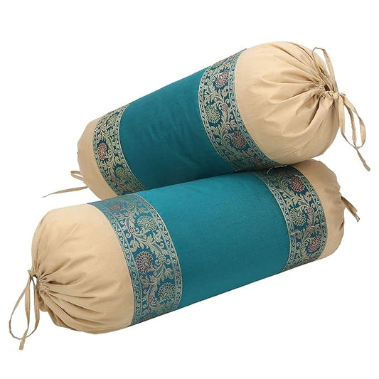 DECOWAT Traditional Round Load Bolster Pillow Covers Set of 2 Green and Beige Masand Covers Pack of 2 Bolster Cushion Pillow Covers for Sofa 16"x32" (Covers Only)