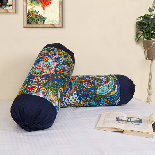 DECOWAT Blue Paisley Cotton Round Bolster Pillow Covers Pack of 2 Decorative Sofa Load Covers Set of 2 Boho Home Decoration (Copy) (Copy) (Copy)