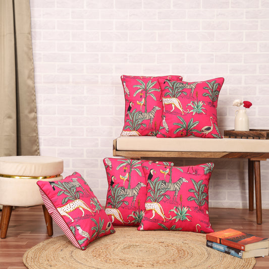 DECOWAT Pink Cushion Covers 16x16 inch Set of 5 Animal Theme Printed Cotton Decorative Cushion Covers 40 cm x 40 cm Pack of 5