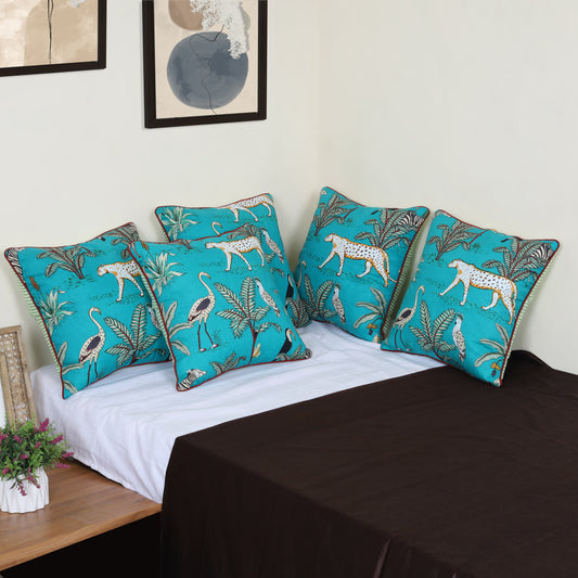 DECOWAT Sea Blue 16x16 inch Cushion Covers Set of 5 Forest Theme Printed Cotton Cushion Covers for Sofa Decorations