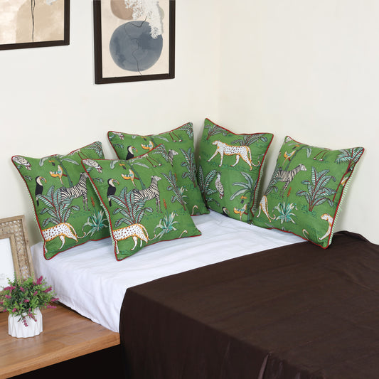 DECOWAT Light Green 16x16 inch Cushion Covers Set of 5 Forest Theme Printed Cotton Cushion Covers for Sofa Decorations (Copy) (Copy)