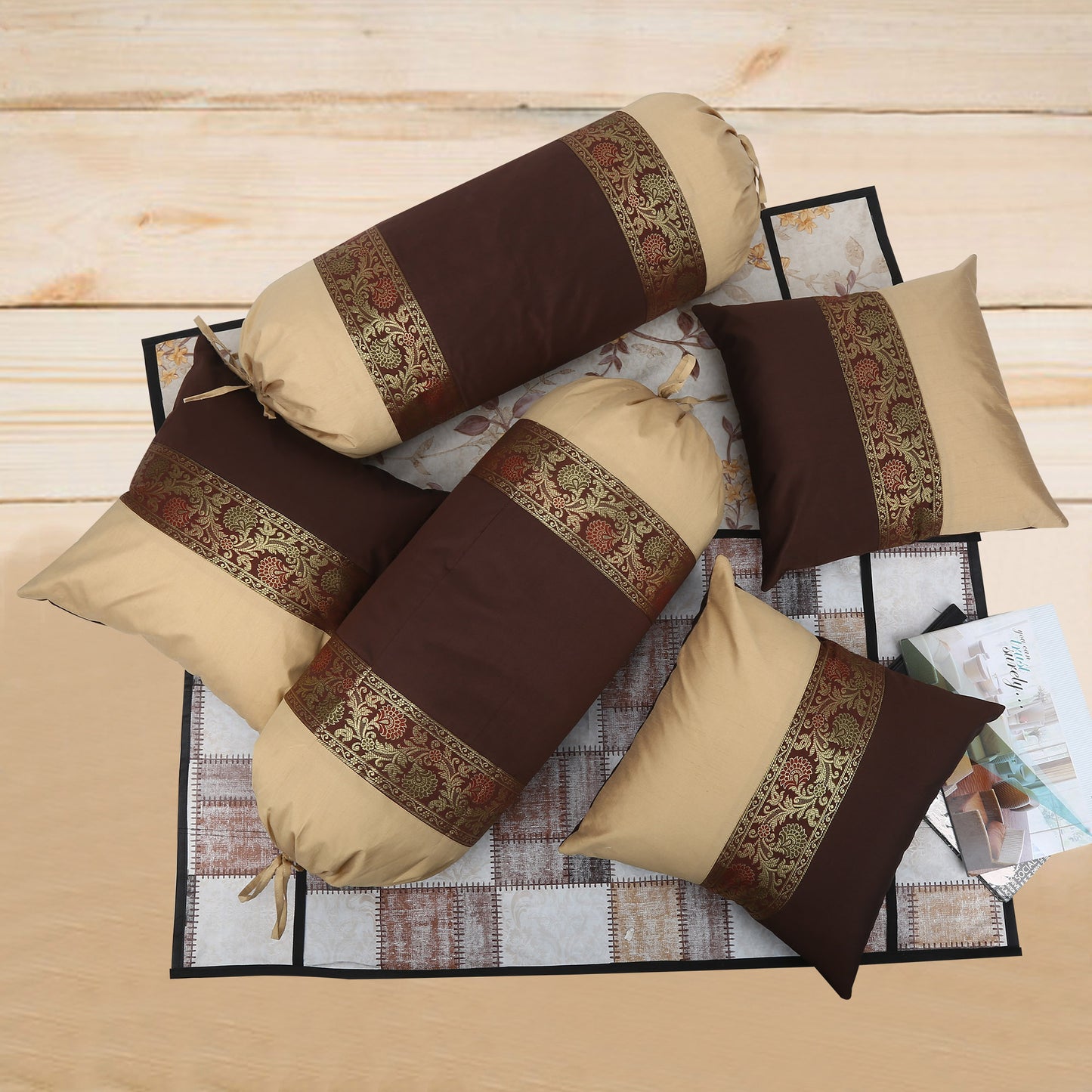 Brown Silk Bolster Covers Pack of 2 – 32x16" Sofa Side Pillow & Round Pillow Covers | Masand Covers